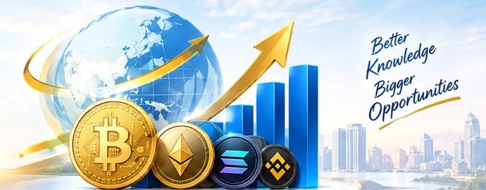 Crypto coins, globe and growth chart